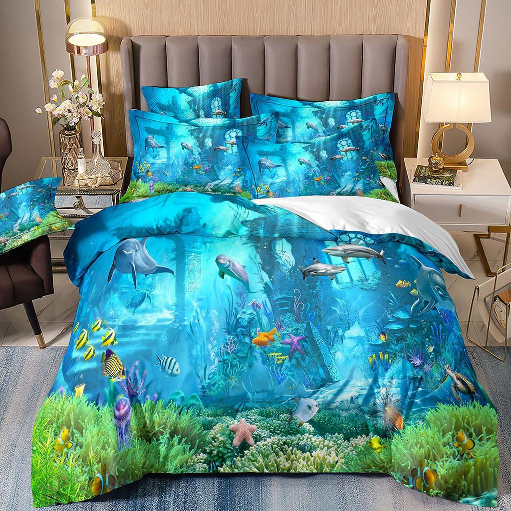 3D-gedruckte Heimtextilien Bettwäsche Delfin Meeresschildkröte Meerestier Quilt-Set Dreiteiliges Set