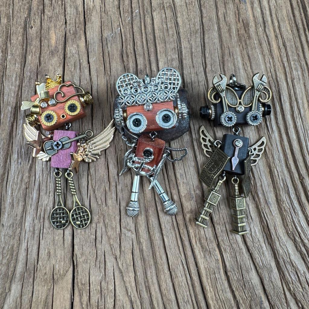 Handmade Punk Robot Pendant Wooden Head Body Hammer Shovel Axe Microphone Badminton Racket Keychain Necklace Pendant