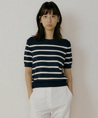 Lingseoul Stripe Round Knit Top-Navy+Ivory