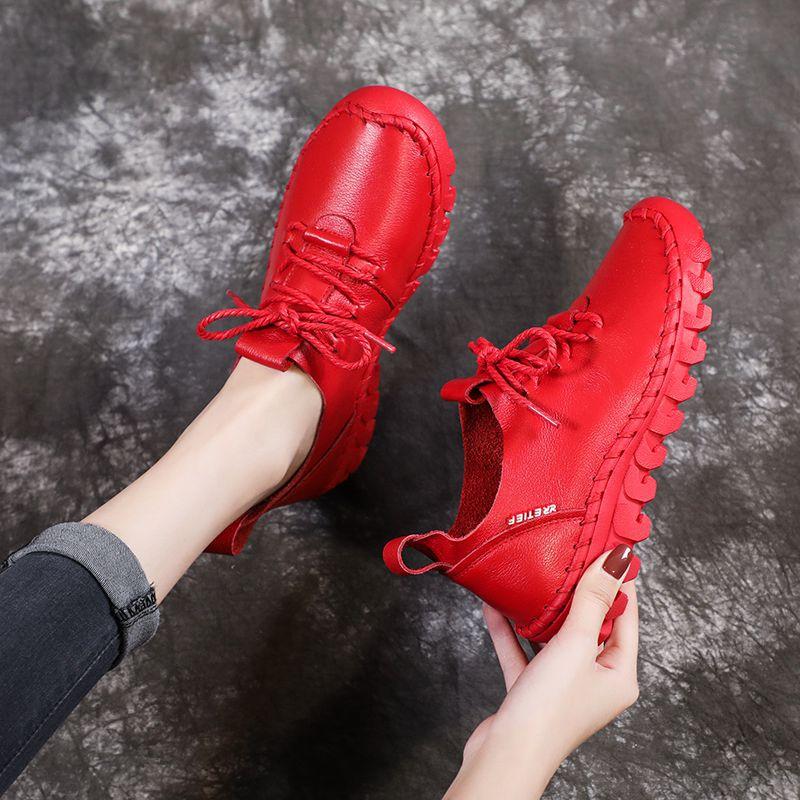 Handmade Genuine Leather Women Shoes Casual Sneakers Retro Flats Ladies Lacing Loafers Breathable Vulcanized Shoe Red 42
