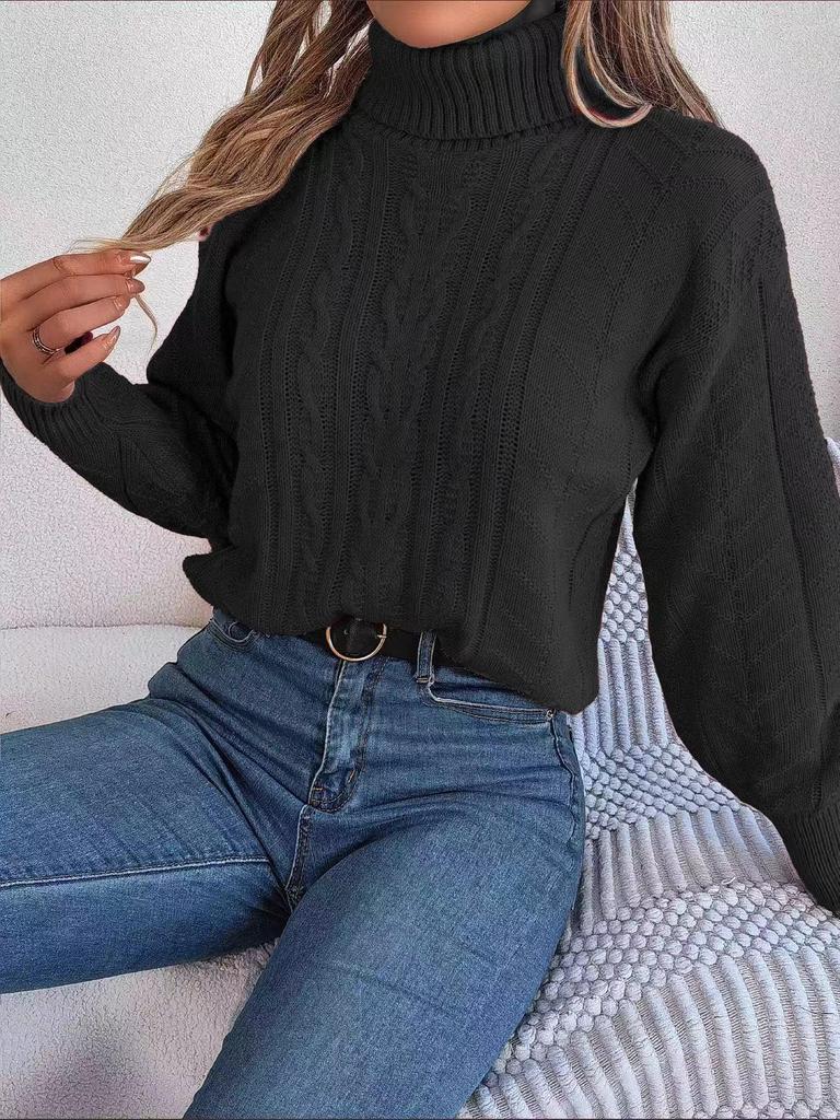 Women's 2023 Autumn/Winter Casual High Neck Cable Knit Long Sleeve Pullover Sweater