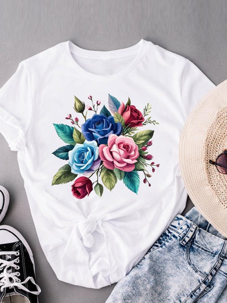 (Asian Size) butterfly flower sweet Short Sleeve T-shirts T shirt Print Women's Top O-neck  Fashion Female Casual Clothing Graphic Tee