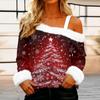 Women's Off-the-shoulder Plush Neck Printed Long-sleeved Pullover T-shirt Top