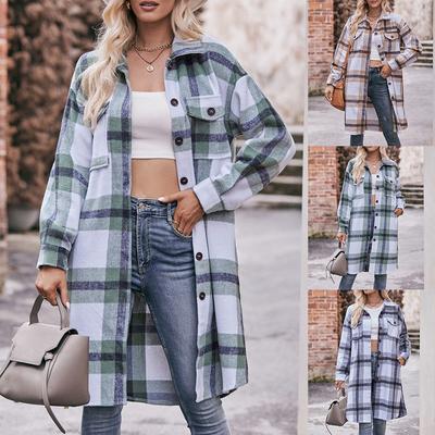Damen Lange Karierte Jacken Lässiger Langarm Revers Button Down Shacket Übergroßer Mantel
