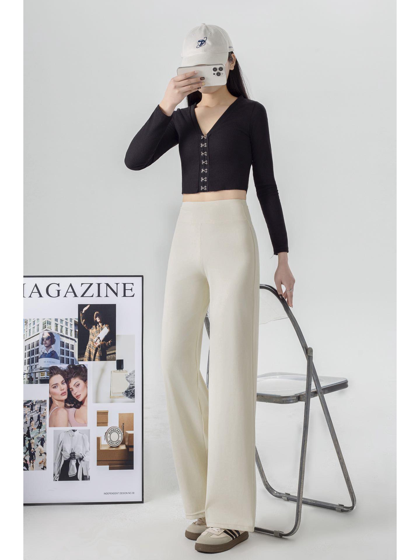 

Women s Spring/Autumn Black High-Waisted Slim Wide-Leg Casual Trousers XL (suggested 130-150) брудно-білий