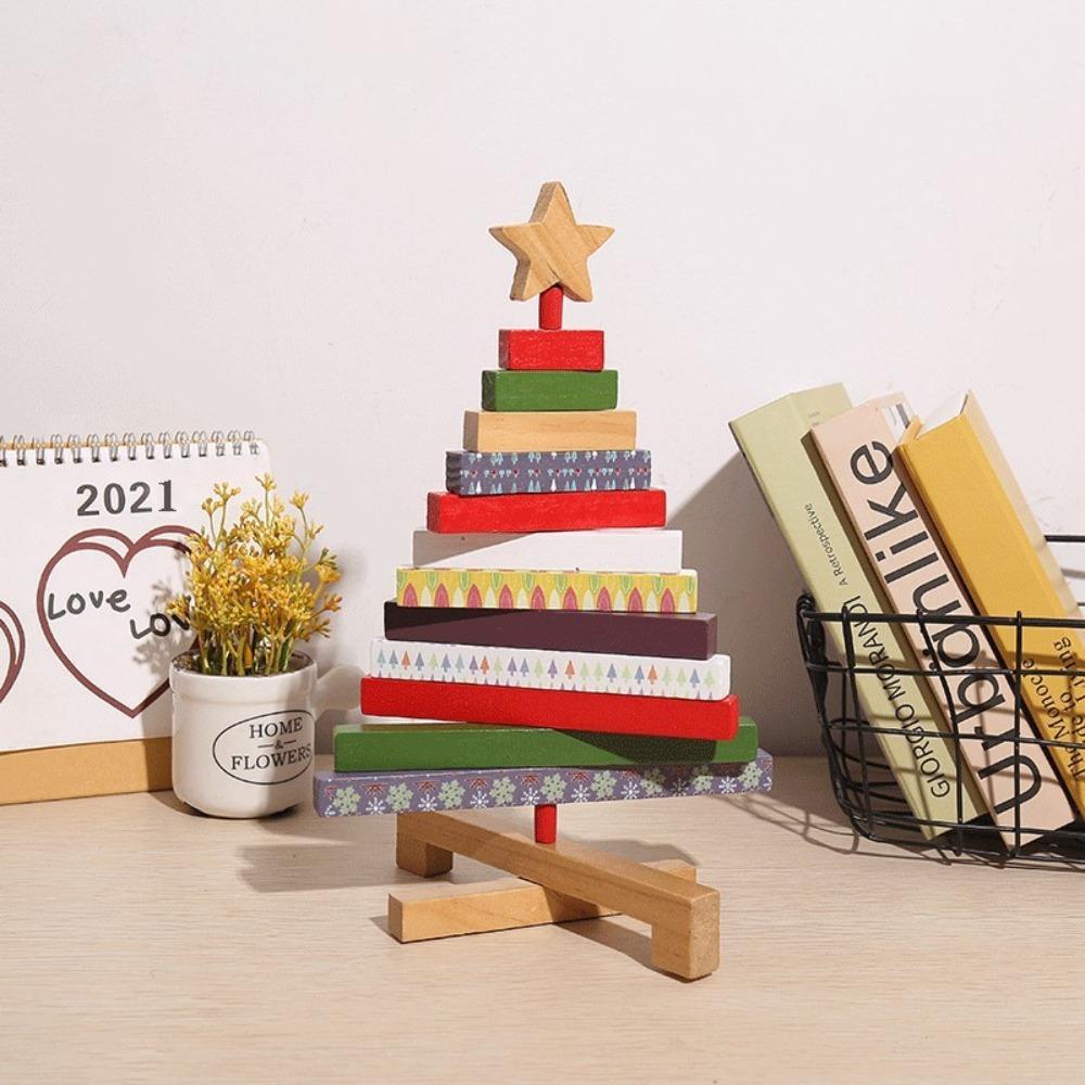

Rotatable Christmas Tree Tabletop Ornament Wooden Christmas Tree Block Shelf L