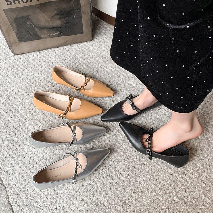 Coarse Heel Mary Jane Shoes Spring and Autumn Shoes New Pointed Small Leather Shoes Evening Silver Single Shoes Women