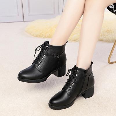 Short Boots Velvet Warm Leather Shoes Autumn and Winter Soft Sole Versatile Medium Heel and Elderly Cotton Shoes Eight-hole Martin Boots