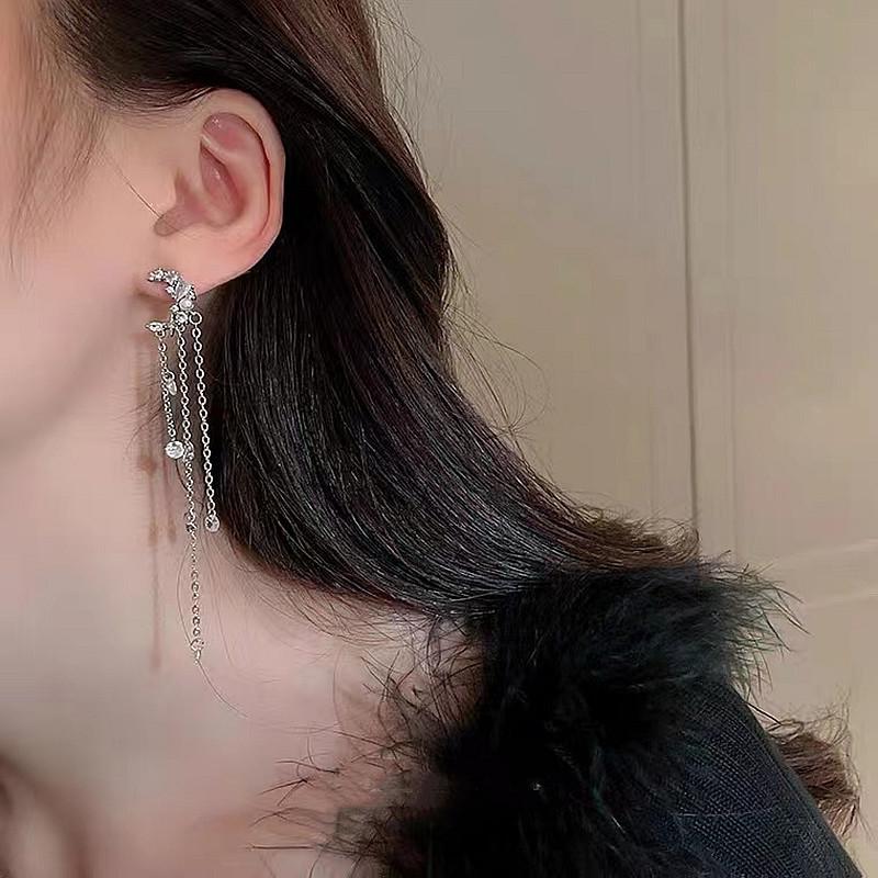 Pearl Zircon Moon Tassel Silver Stud Earrings - Creative Design, Cold Style, European & American Fashion