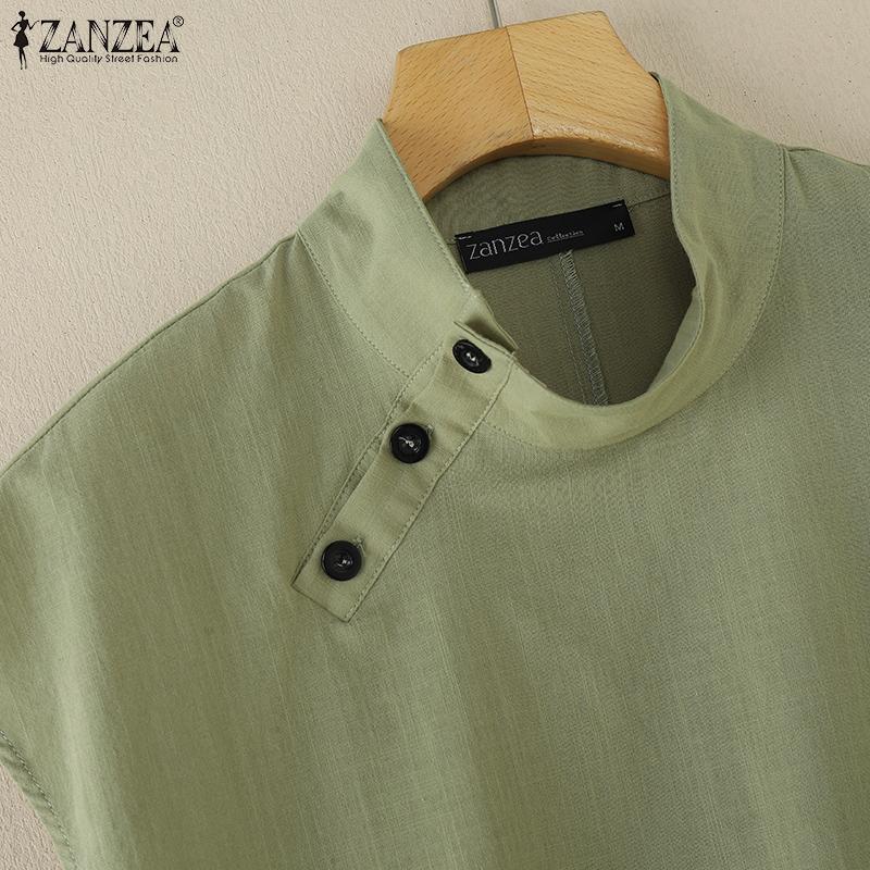 ZANZEA Women Side Button Stand Collar Summer Short Sleeve Blouse