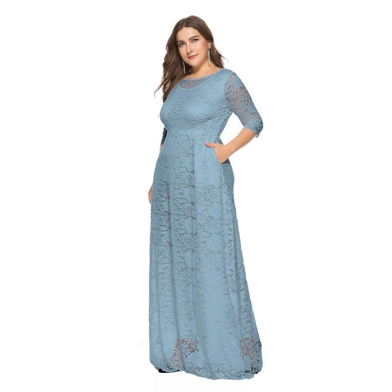Trendig Plus Size Spetsad Kvällsklänning med Fickor och Urskurna Korta Ärmar