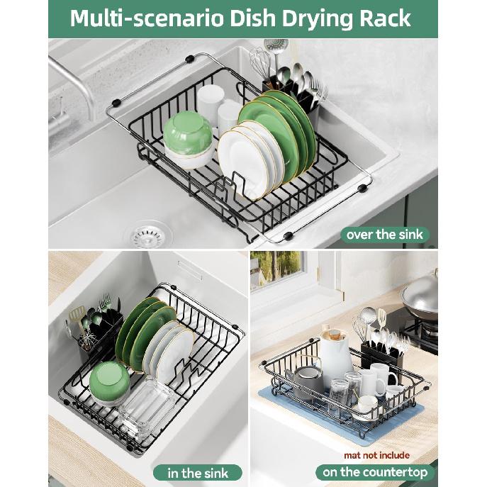 Expandable Dish Drying Rack for in-Sink, Over-Sink, and Counter Use, Dish Drainer with Removable Cutlery Holder, Space Saving & No Assembly Needed