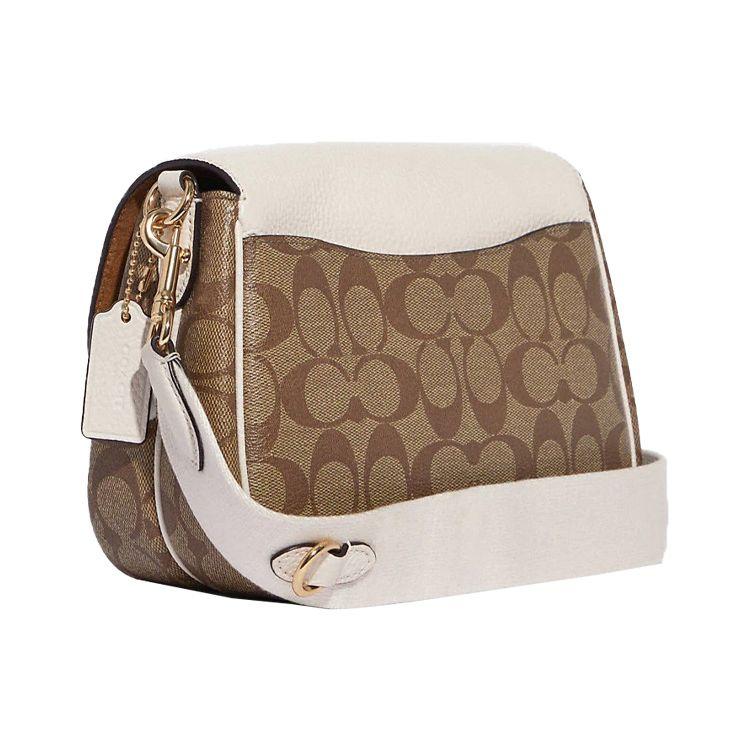 Coach Lucy 22 Double Buckle Flap Cycling Cambridge Canvas And Pebble Leather Messenger Bag Women bags White Khaki C6781-IMDJ8