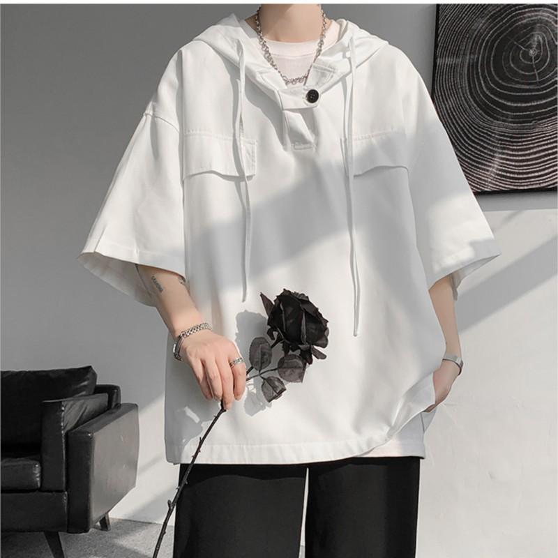 T-shirt con cappuccio estiva da uomo a maniche corte pullover streetwear t-shirt larga con coulisse abbigliamento da uomo moda