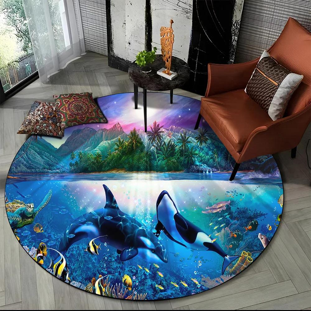 Underwater World Seabed Fish Dolphin Cartoon Round Carpet Rug for Living Room Bedroom Kids Decor,Pet Area Rug Non-slip Floor Mat
