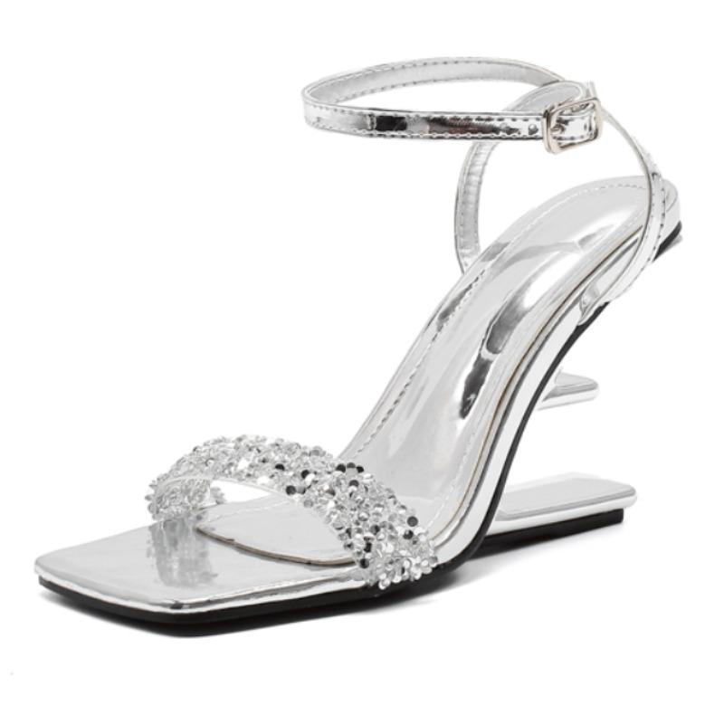 New Street Style Crystal Diamond Square Toe Womens Sandals Buckle Strap Strange Heels Summer Shoes Zapatos Mujer