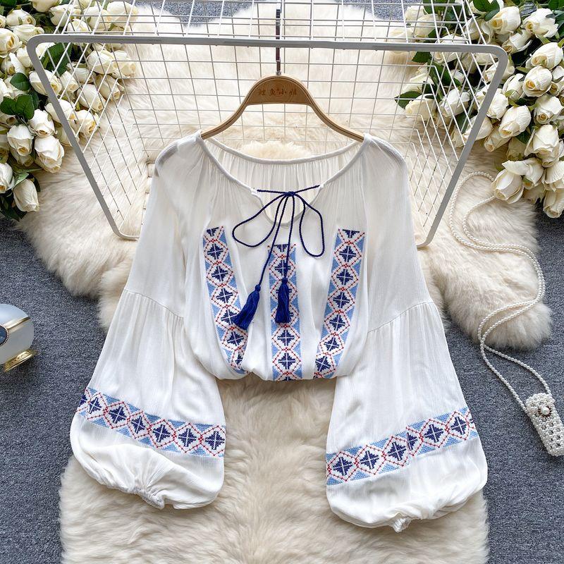 Retro Ethnic Style Lantern Sleeve Shirt Tassel Embroider