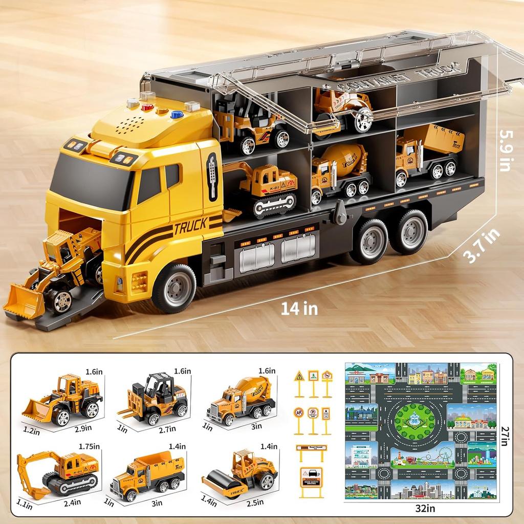 Toddler Boys Construction Truck Vehicle Toy Set with Play Mat and Die-Cast Toy Car, Transport Carrier Truck for Kids 3-5
