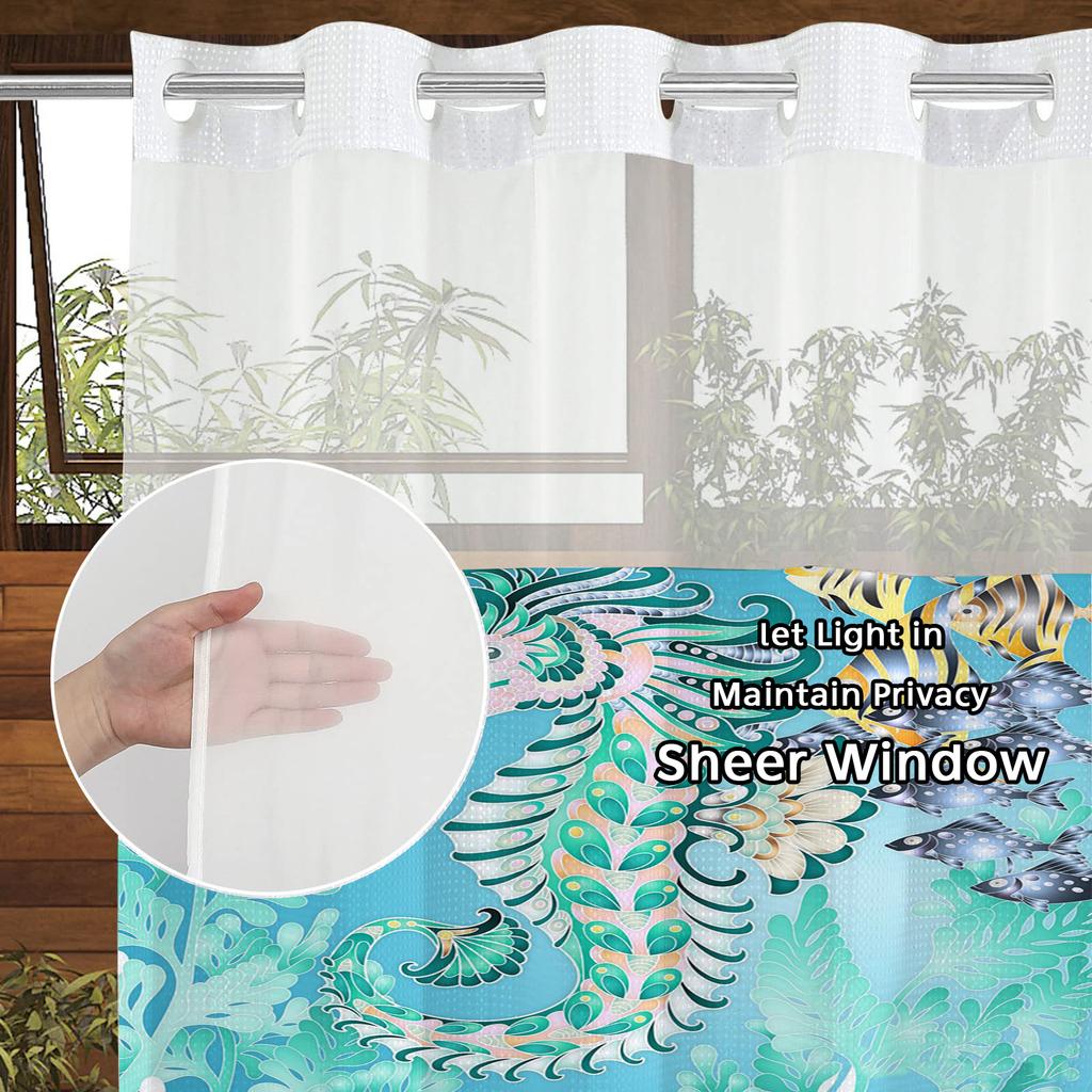 No Hook Hippocampus Pattern Shower Curtain With Snap-in Fabric Liner, Sheer Top Window, Waterproof Double Layer Bathtub Curtain