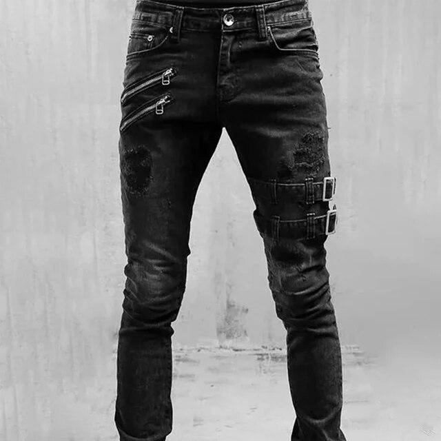 Retro Moto Biker Gerade Elastische Jeans Männer Zipper Loch Streetwear Punk Dünne Denim Cargo Hosen Pantalones Hombre Y2K Kleidung