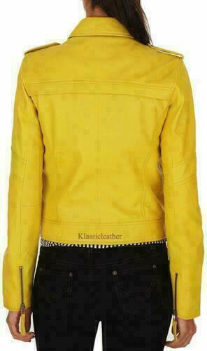 Biker Yellow Lambskin Leather Stylish Coat Womens Genuine Jacket Motorcycle Slim