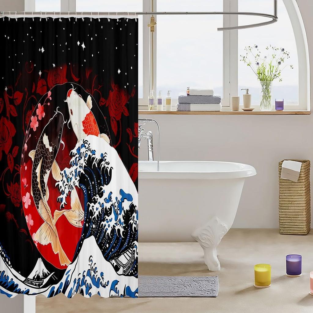 Koi Fish Bath Curtain Mount Fuji Bathroom Accessories Retro Japanese Style Shower Curtain Sea Wave Cherry Blossom Bathroom