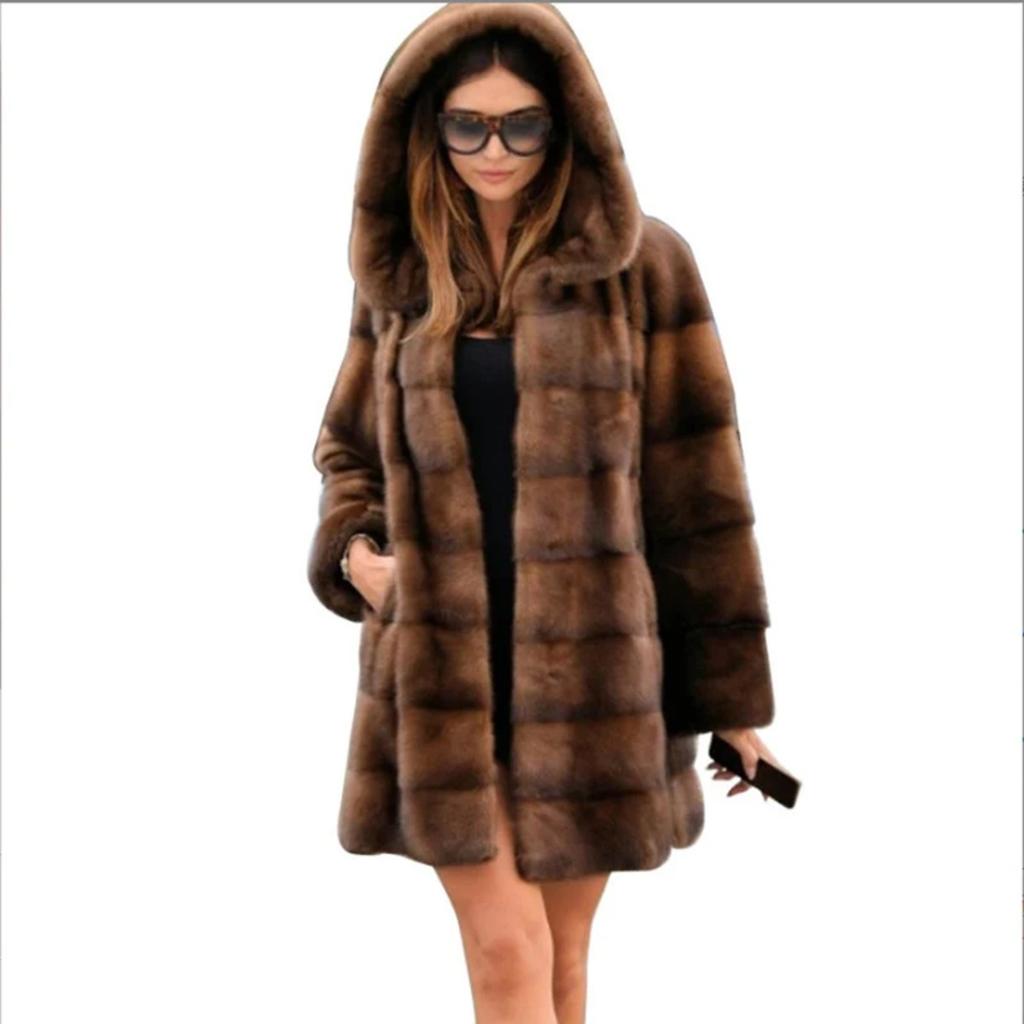 Women's Mink Fur Coat Medium Long Hooded Coat Fur Plus Size Casual Winter Warm Loose 9XL