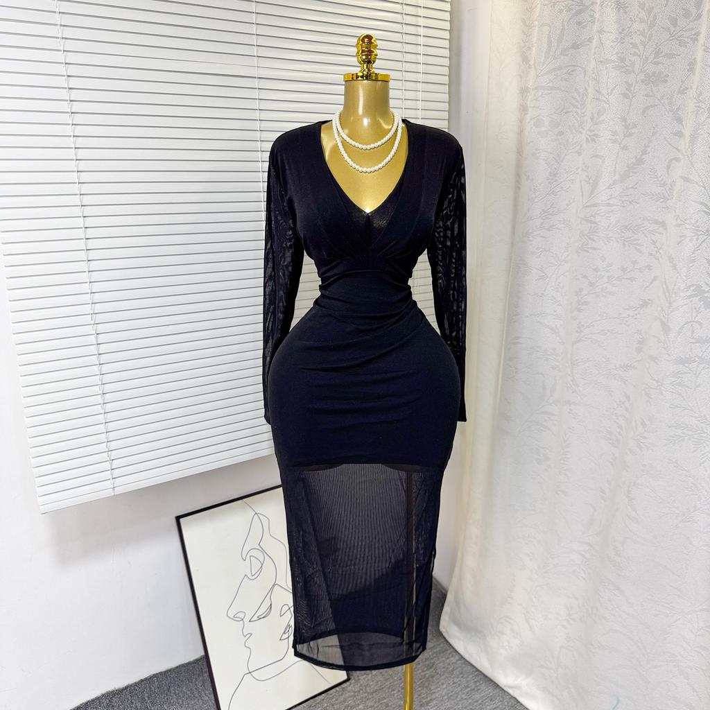 European and American spring and autumn new V-neck elastic mesh slim-fitting sexy solid color dress medium and long dress