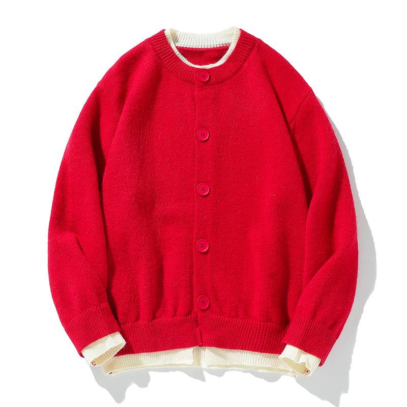 Jian Heng Red Henley Collar Men's Knit Sweater - Loose & Cozy for Autumn/Winter Christmas & New Year