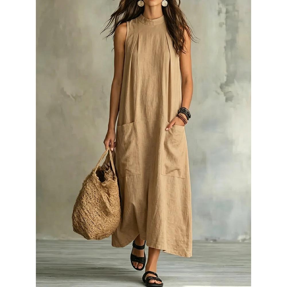 women s High Neck Sleeveless Maxi Dress Linen Blend Loose Casual Long Dress with Pockets S хаки