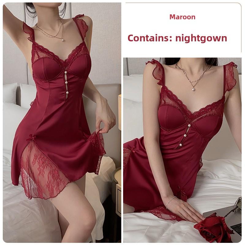 Satin Splicing Lace Perspective Sexy Deep V Plus Chest Pad Suspender Nightdress Robe Home Set
