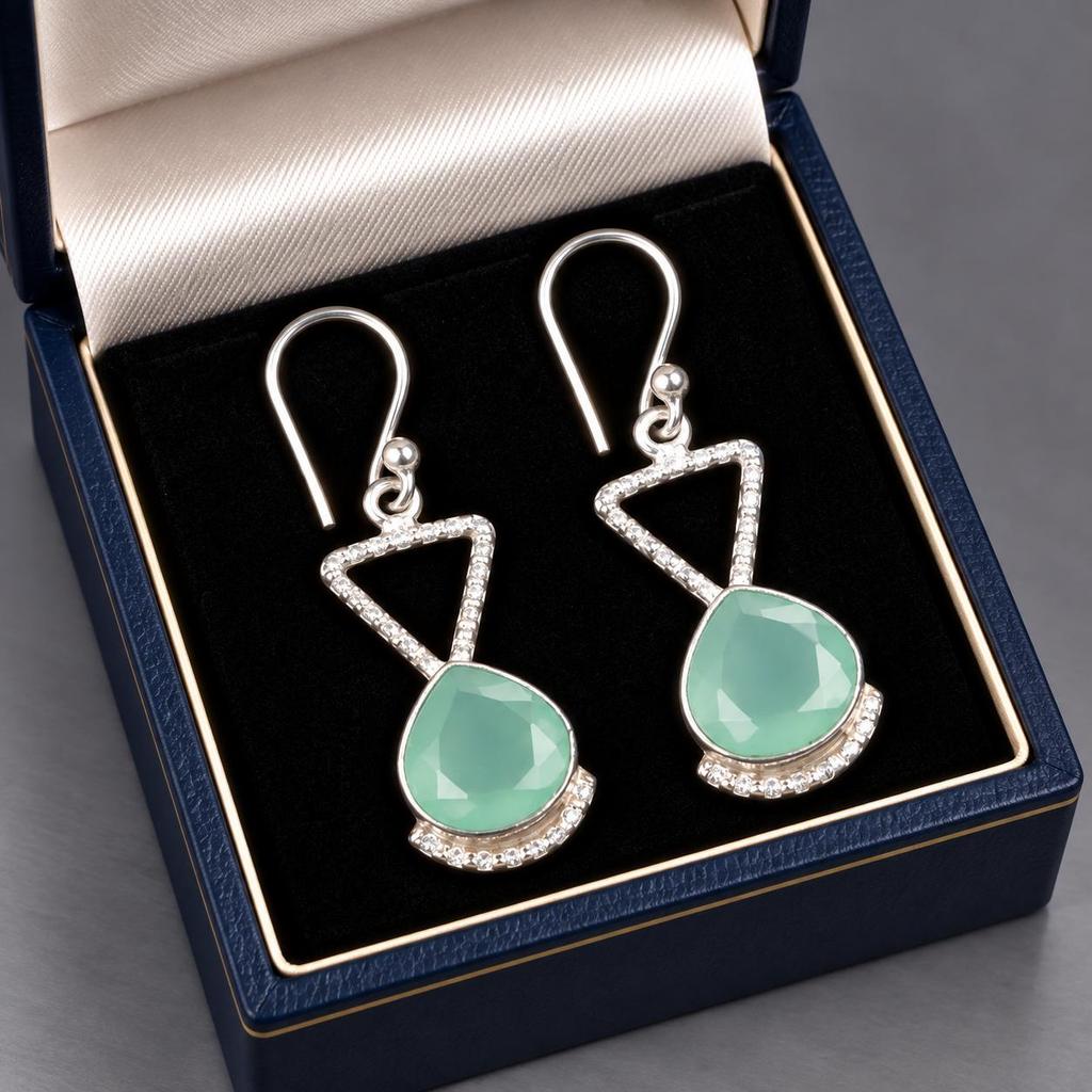 Aqua Chalcedon Edelstein 925 Sterling Silber Handgefertigte Hängeohrringe 1,62" Einzigartiges Geschenk Für Sie EE-93-14