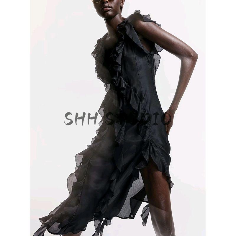 Spring New Women's Clothing Commute Style V Neck Sleeveless Ruffles Stomach Blanket Style Mid Length Long Length High Waist A- Line Dress