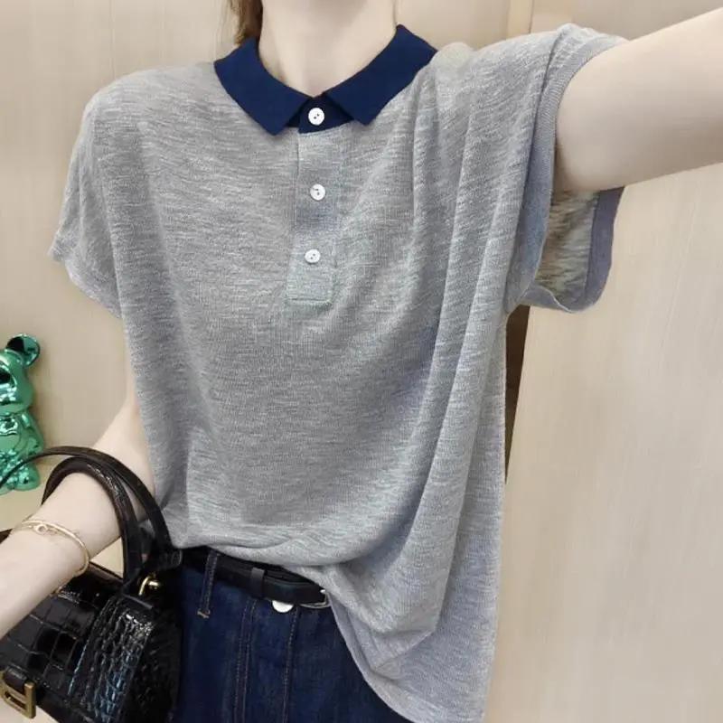 Women's Black White Stripe Contrast Collar Short Sleeve Polo T-Shirt