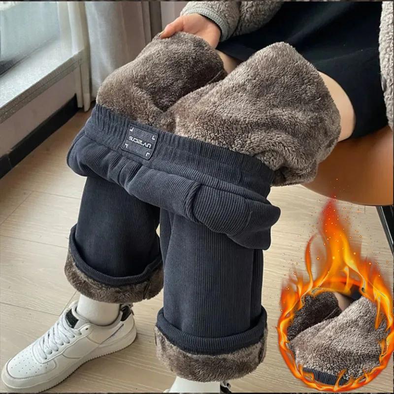 Pantaloni calduri din lână de miel îngroșați de iarnă pentru femei, ocazional, elastic, cu talie înaltă, pantaloni vintage cu picioare largi, design nou, pantaloni largi, chic, pentru exterior