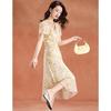 Elegant Champagne Floral Puff Sleeve A-Line Summer Dress