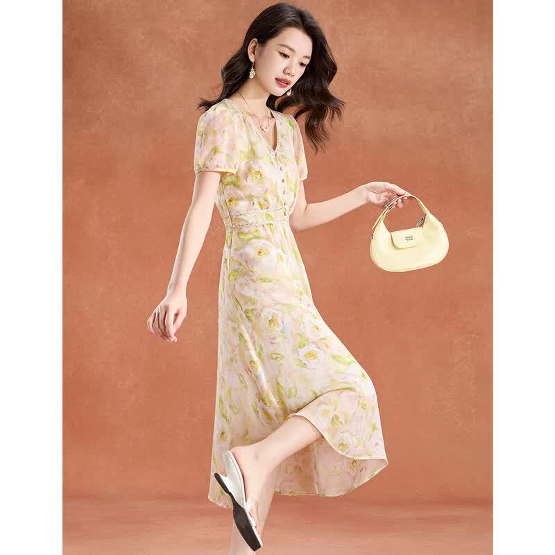 Elegant Champagne Floral Puff Sleeve A-Line Summer Dress