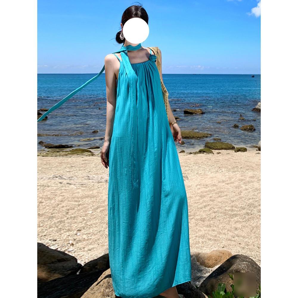 Lake blue suspender dress women's summer dopamine island wear Yunnan tourism seaside vacation beach long skirt