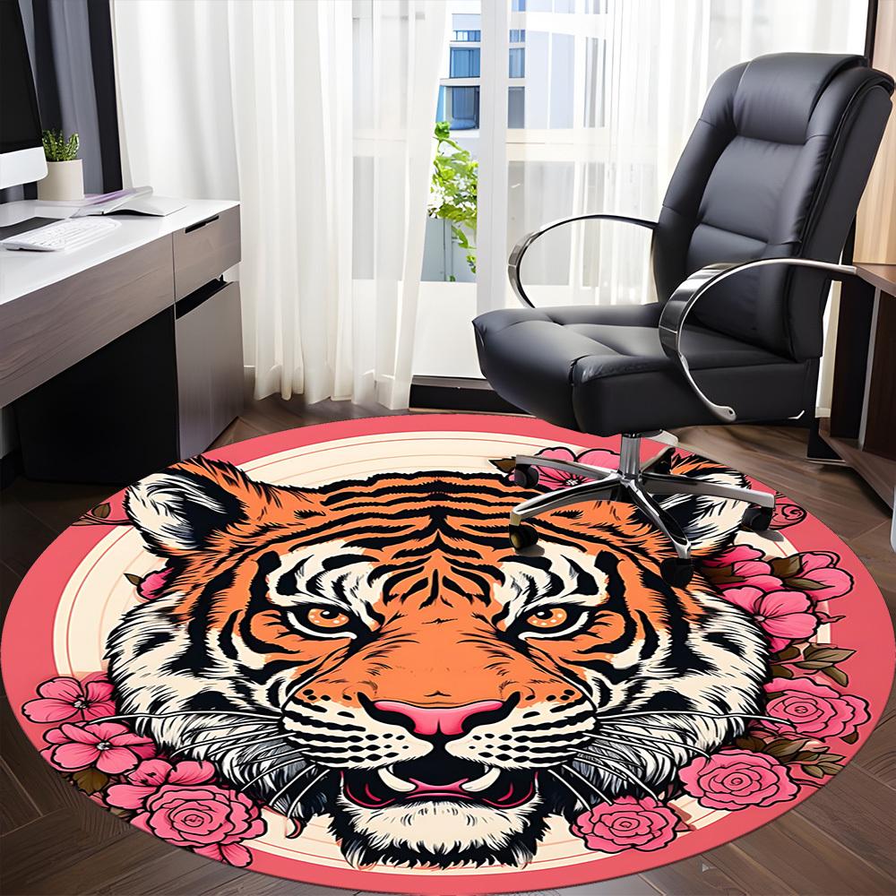 1pc Tiger Flowers Office Round Area Rug, Indoor Mat Suitable For Office, Under Office Chairs Bedroom Living Room Home Decor, Room Deco
