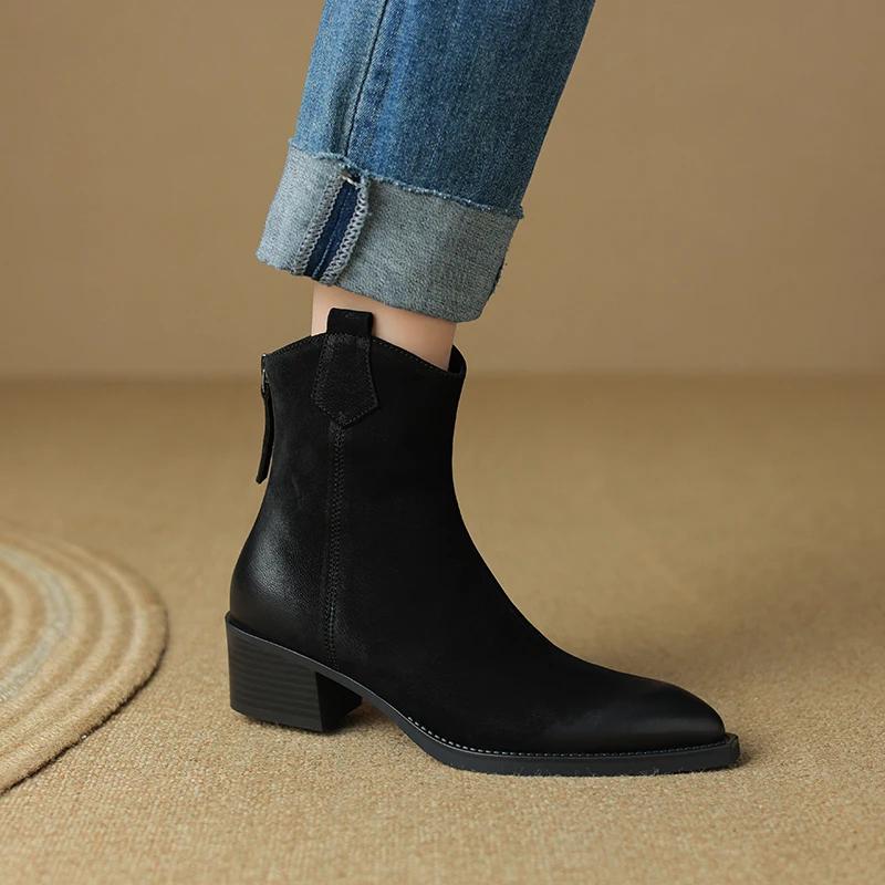 Fashion Fashion Short Boots Autumn Winter Basic Women Ankle Boots Genuine Leather Thick Heels Pointed Toe Mature New Arrival Boots Women