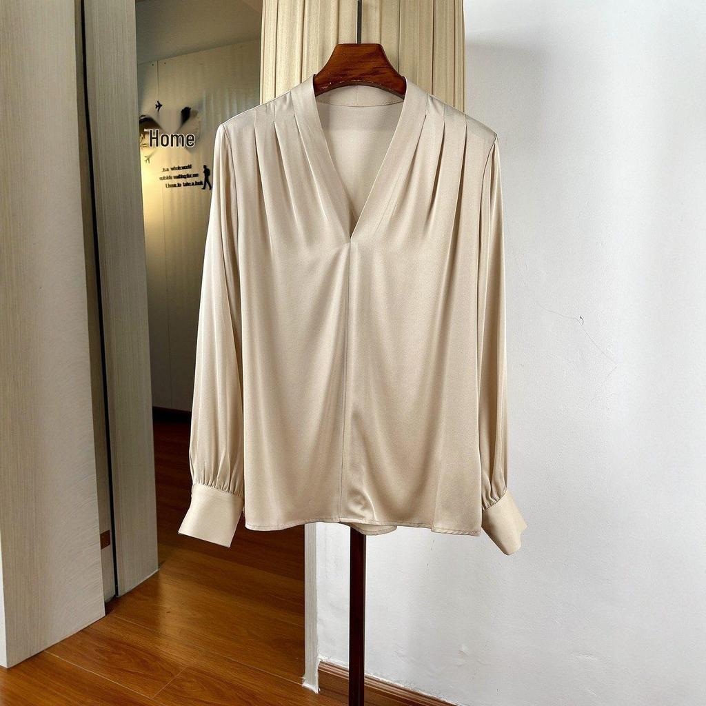 Women's Elegant V-neck Silk Pullover Shirt, Long Sleeve, Loose Fit, Slimming, Mulberry Silk, Perfect for Spring/Summer Commuting.