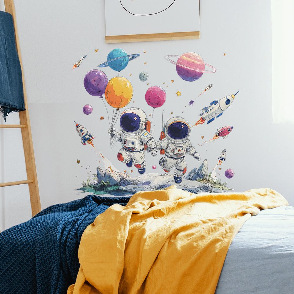 Cartoon Astronaut Rocket Planet Self Adhesive Removable Wall Sticker for Kids Room Bedroom Decor
