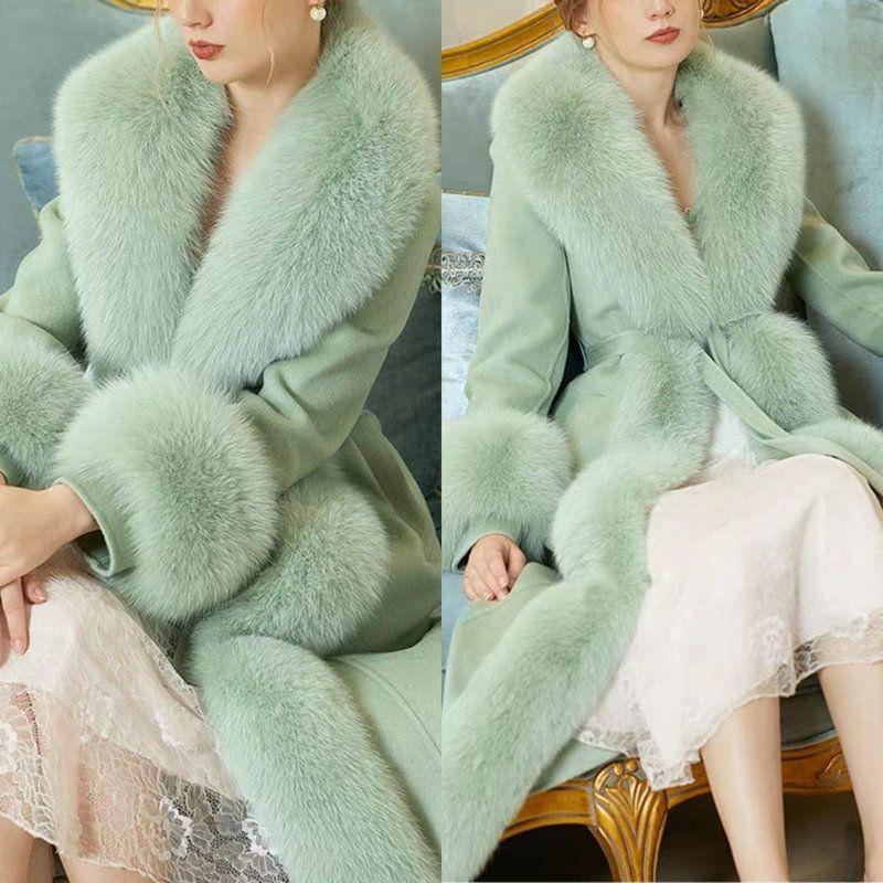 

Autumn and Winter New High-end Imitation Fox Fur Collar Fur Coat Woolen Coat Thin Large Size Long Cotton Clothes 2XL-120--66kg зелёный