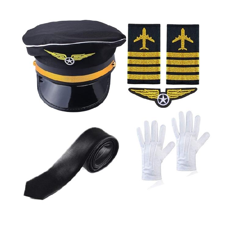 Flight Attendant Costume Airline Captain Outfits Captain Hat Uniform Epaulets Neck Tie Glove for Men Women Halloween