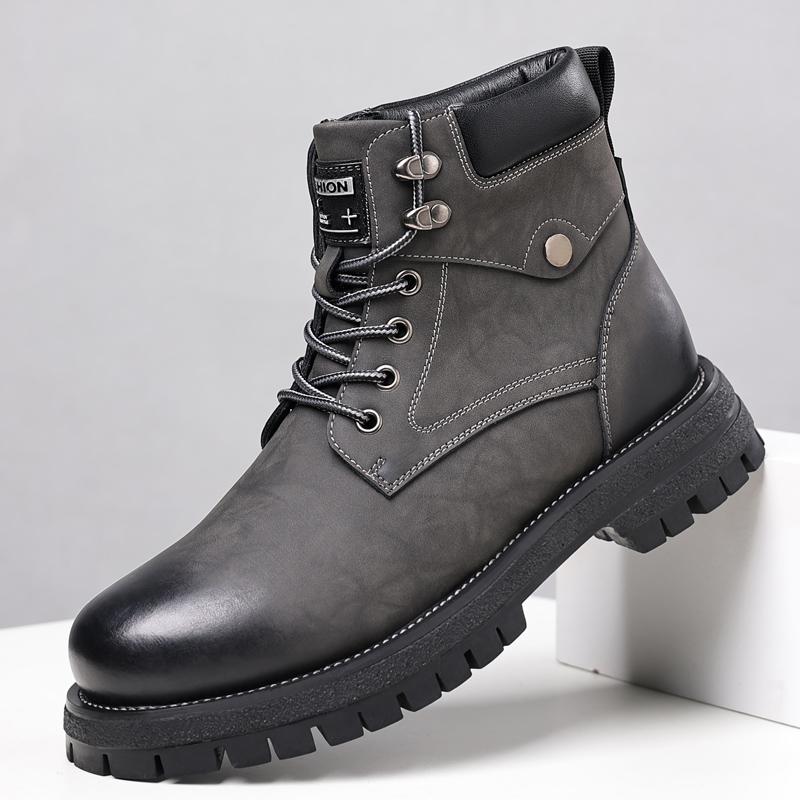 Fashion Classic Mens Leather High Top Shoes Fashion Outdoor Motorcycle Boots Lace Up Non-Slip Ankle Boots Winter Plush Snow Boots Botas