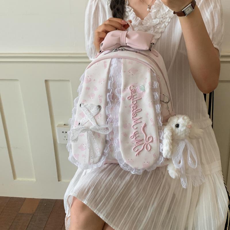 Schoolbag Cream Powder Floral Melody Backpack Sweet Girl Lace Bow Student School Bag Large Capacity Girl Backpack