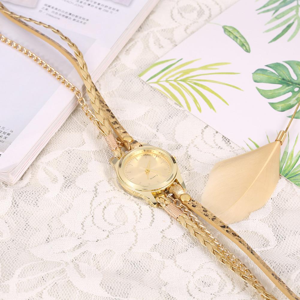 Women Braid Weave Bracelet Quartz Analog Round Watch Wristwatch(Gold)