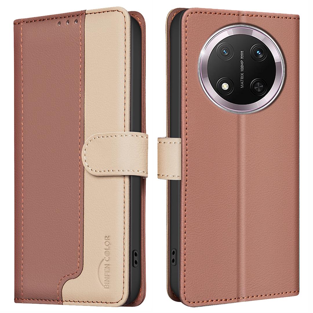 

BINFEN COLOR BF33 for Honor Magic7 Lite 5G/X9c 5G/X60 Pro 5G Leather Case Splicing Color RFID Blocking Brown