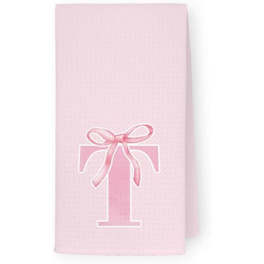 Coquette Pink Bows Personalized Kitchen Towels, Initial K Letter Decor, Pink Monogrammed Hand Towels for Bathroom, Sweet Dish Towels for Kitchen