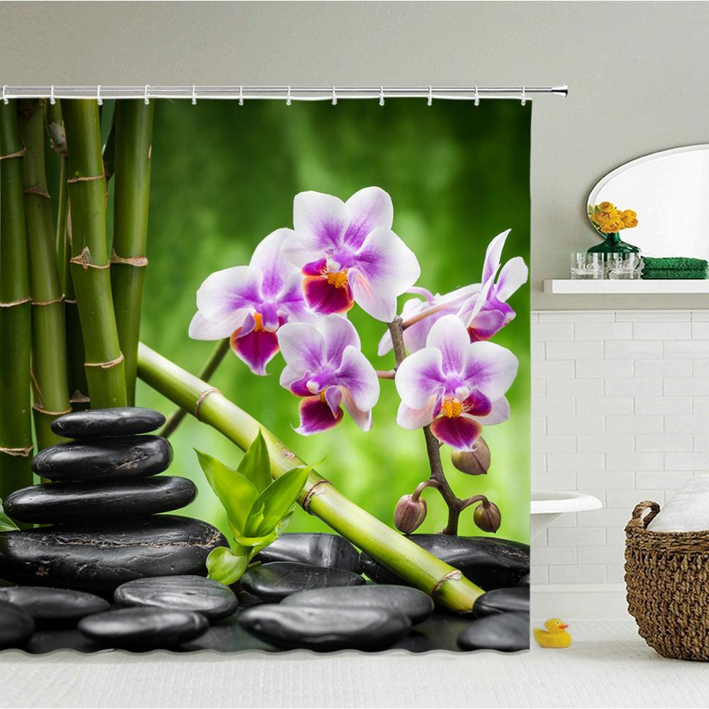 Tenda Doccia Meditazione Pietra Zen Bambù Verde Orchidea Tema Rilassante Spa Tessuto in Poliestere Impermeabile per Bagno Vasca da Bagno